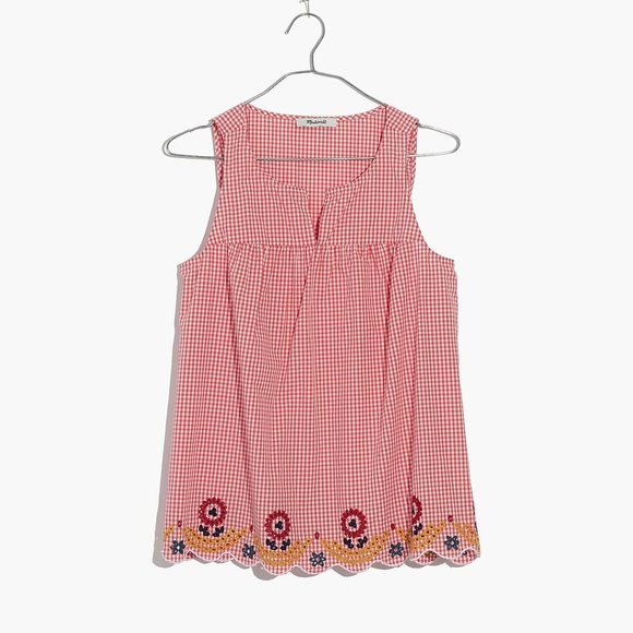 Madewell Embroidered Gingham Tank Top in Red and White with V-Neck, Size Small - Picture 2 of 9